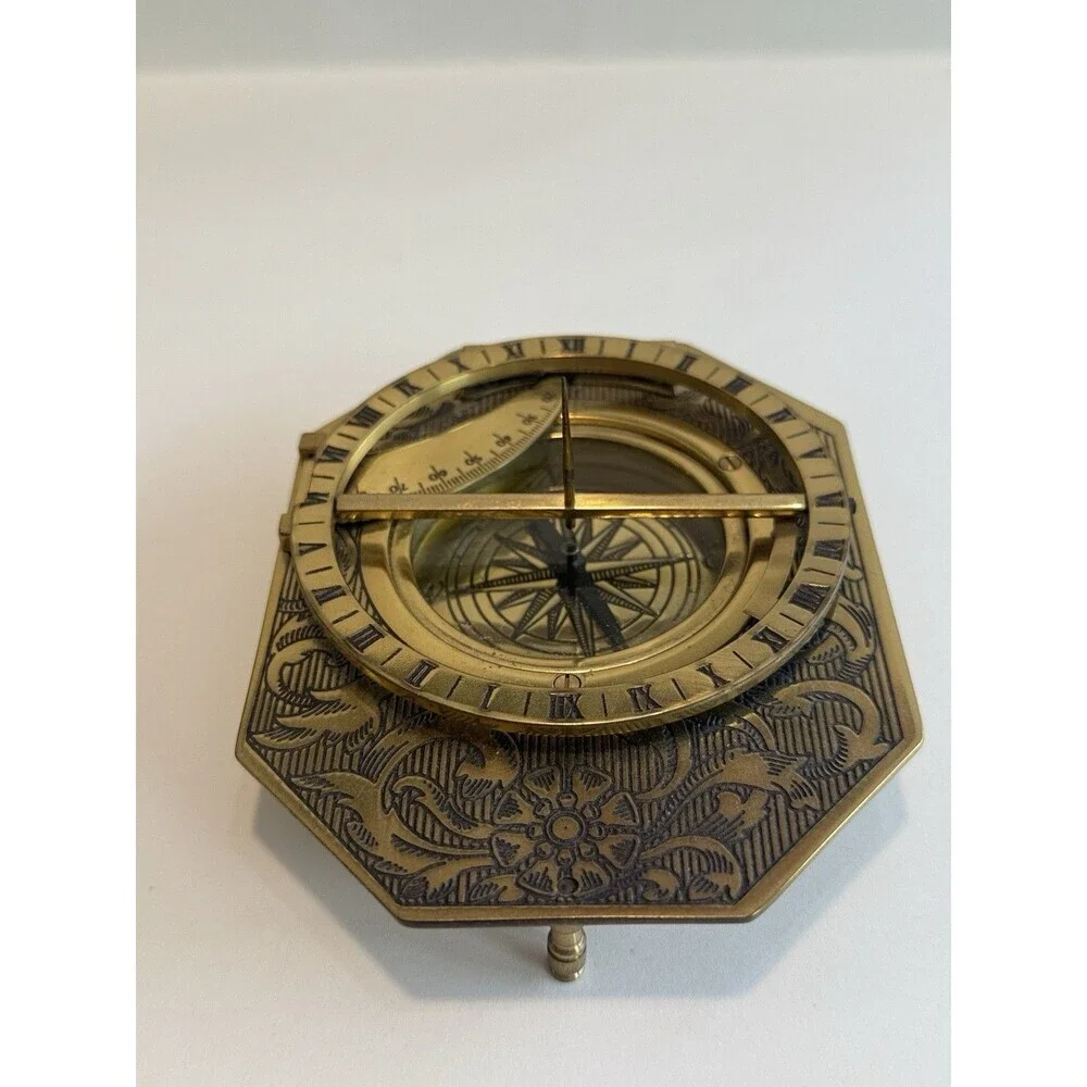 Vintage Franklin Mint Universal Sundial 1987 Brass Compass on Wood Base